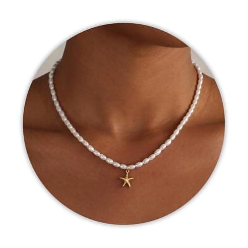 Sereney Starfish Necklace for Women, Gold Seashell Charm Pearl Necklace for Her, Dainty Summer Beach Necklace as Sea Shell Jewelry Pearl Choker Necklace for Daughter Friend Sister Bridal Jewelry - Image 1