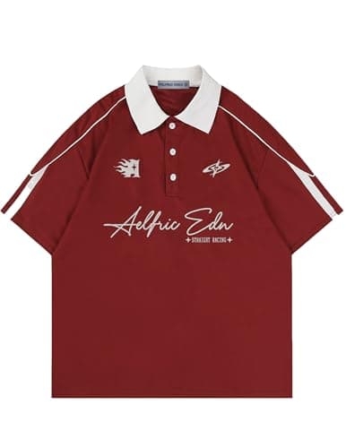 Aelfric Eden Mens Vintage Letter Polo Tee Oversized Button Collar Graphic Patchwork T Shirt Short Sleeve Summer Tops - Image 1