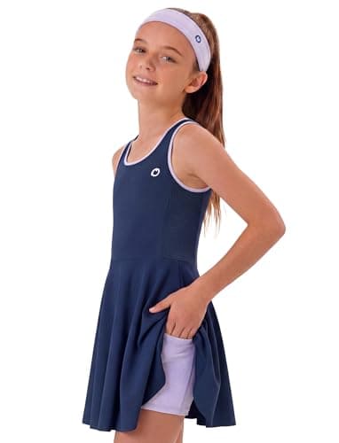 PATPAT Girls Tennis Dress Set, Athletic Dress with Headband & Bamboo Viscose Shorts with Pocket, Outfit for Golf Dance School, Motion Navy, US6/XS - Image 1