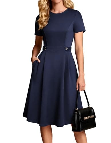 GRACE KARIN Summer Church Dresses for Women 2026 Short Sleeve A Line Work Dresses Fit and Flare Midi Dress with Pockets Navy Blue XL - Image 1