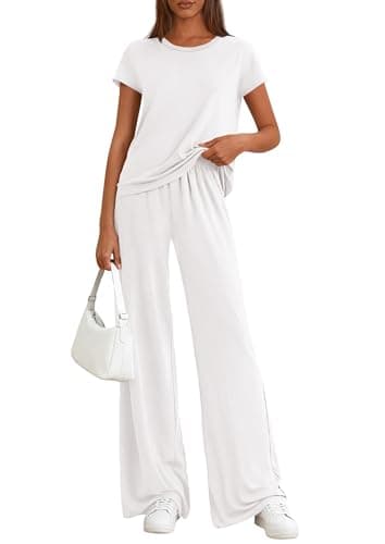 PRETTYGARDEN Women's 2026 Summer 2 Piece Matching Lounge Sets Short Sleeve Shirts Tops Wide Leg Pants Travel Airport Outfits (White,Medium) - Image 1