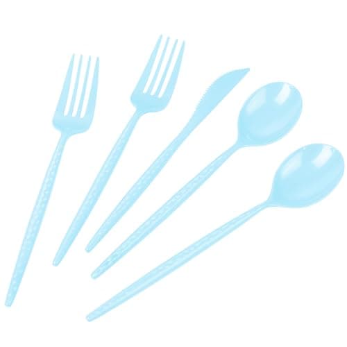 LIYH 150 Pcs Baby Blue Plastic Cutlery Sets - Light Blue Plastic Silverware Heavyduty, Disposable Utensil Sets, 50 of Each Forks, Knives & Spoons Flatware Set for Party Birthday Easter - Image 1