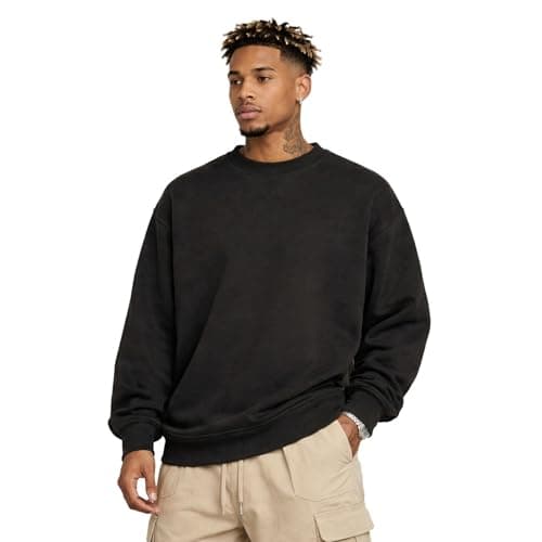 Rocawear Oversized crewneck Sweatshirt Long Sleeve Cotton Washed Fleece XXL Heavyweight 350 GSM Relaxed Fit Casual Pullover - Black, XX-Large - Image 1