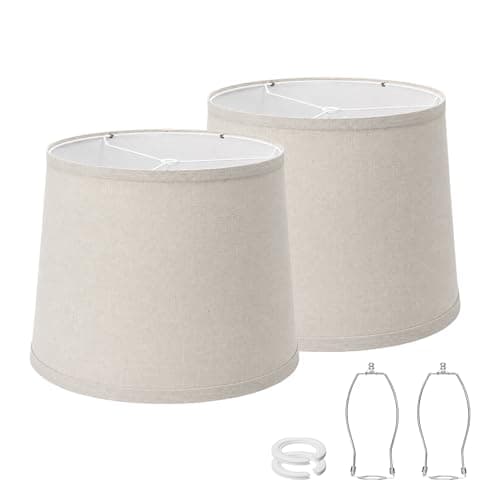 Drum Lampshades Set of 2, Fabric Lampshades for Table Lamps Floor Lamps, Medium Lampshades 11" Top x 13" Bottom x 10" High, Easy Assembly Shades Replacement, Natural Linen Hand Crafted(Spider) - Image 1