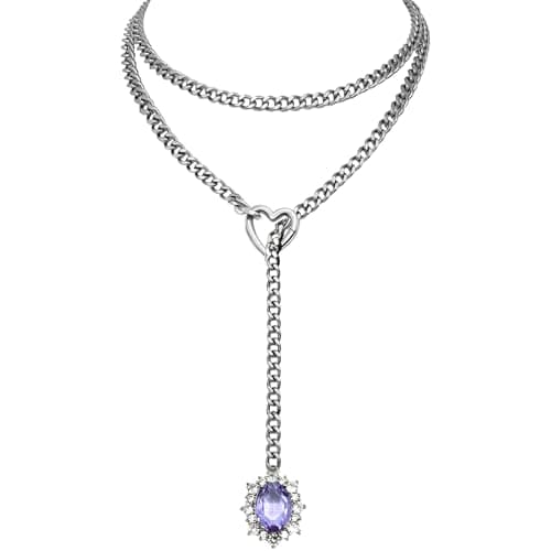 EverGlimp Women's Heart O-Ring Slip Chain Necklace, Double Layered Adjustable 39'' Cuban Chain with Detachable Heart Clasp and Colorful Rhinestone Pendant (Silver-Amethyst Purple) - Image 1