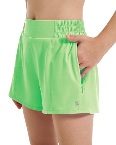 Stelle Girl's Athletic Shorts with Liner Zipper Pockets Elastic Waist Running Shorts Sports Active Shorts for Teen Kids(Neon Green,XS) - Image 1