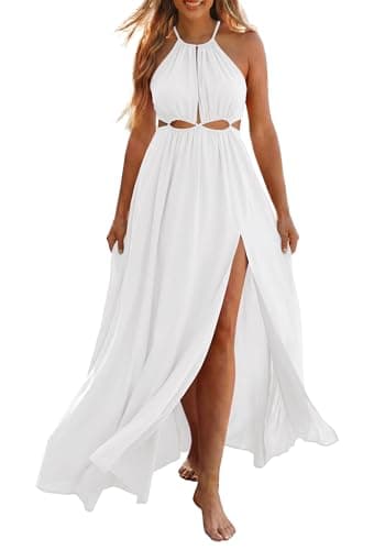 BTFBM Women Halter Summer Dresses 2026 Sleeveless Cutout Backless Sundress Slit Boho Maxi Beach Wedding Guest Dress(White, Large) - Image 1