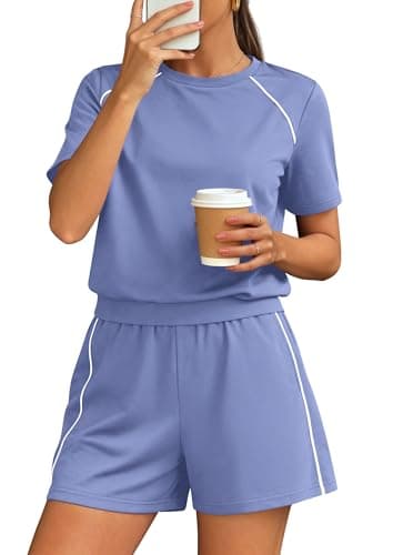 PRETTYGARDEN 2 Piece Short Sets for Women Summer Clothes 2026 Spring Matching Athleisure Lounge Set Airport Travel Outfits (Light Blue,X-Large) - Image 1