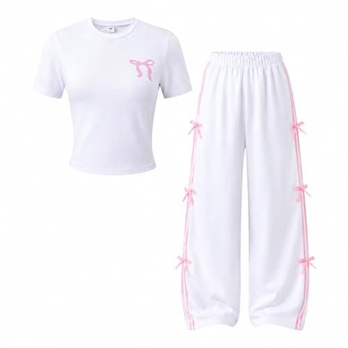 Zylvae Girls 2-Piece Outfits Short Sleeve Bow Print Top & Wide Leg pants Kids Summer Fashion Casual Clothing Set Size 15-16 Years
