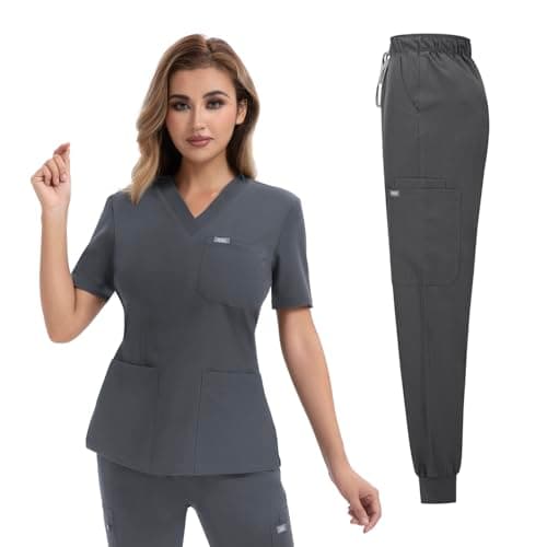 YEZEX Women's Medical Scrub Set, V-Neck Top & Jogger Pants, 10 Pockets, Grsy - Image 1