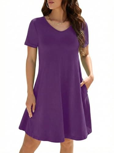 KORSIS Dresses for Women Casual T-Shirt Summer Short Sleeve A Line Sundress Swing Flowy Work Vacation Sundress with Pockets Purple XL - Image 1