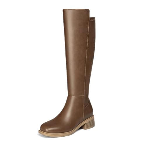 Athlefit Brown Knee High Boots for Women Low Heel Square Toe Leather Stretchy Boots Riding Farm Long Tall Booties with Side Zipper 6.5 - Image 1