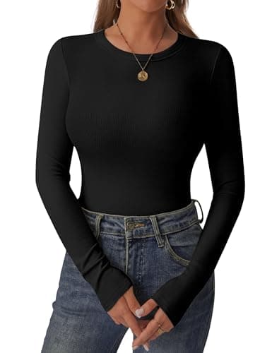 C.O.Z.Y Womens Long Sleeve Shirts Ribbed Crewneck Slim Fit Tops Casual Layering Basic Tee T-Shirt Trendy Outfits Black - Image 1