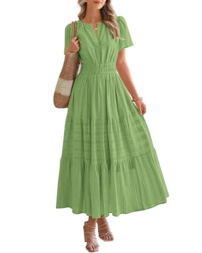 BTFBM Womens Summer 2026 Casual Midi Maxi Dresses Lightweight Short Sleeve V Neck Elastic Waist Boho Beach Dress Pockets(Green, Small) - Image 1