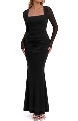 BTFBM Women's Maxi Dresses Fall 2026 Long Sleeve Ruched Bodycon Dress Square Neck Cocktail Party Wedding Guest Dresses(Black,Medium) - Image 1
