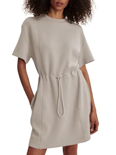 COCOMARTS Dresses for Women Summer Short Sleeve Crew Neck Sweatshirt Dress Drawstring Waist Tunic Tops Mini Vacation Sundress Khaki Large - Image 1