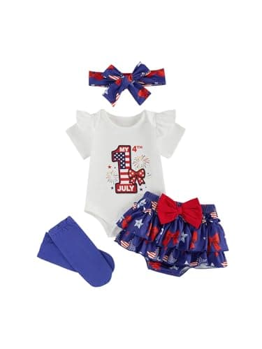 JiAmy Baby Girls My 1st Independence Day Outfit Newborn 4 Piece Romper Skirt Headband Legging Socks Set 3-6M - Image 1