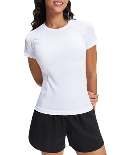 Stelle Women Seamless Workout Shirts Short Sleeve Athletic Top Yoga Gym Running T-Shirts(White,XL) - Image 1