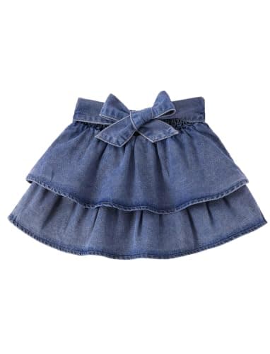 PATPAT Girls Denim Skirt 5-14Y Tiered Ruffle Elastic Waist Skorts Pleated Mini Jean Skirt with Shorts Underneath Blue Size 7-8Y - Image 1
