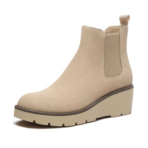 Athlefit Women's Chelsea Wedge Boots Elastic Platform Lug Sole Slip on Wedge Ankle Nude Booties Size 10 - Image 1