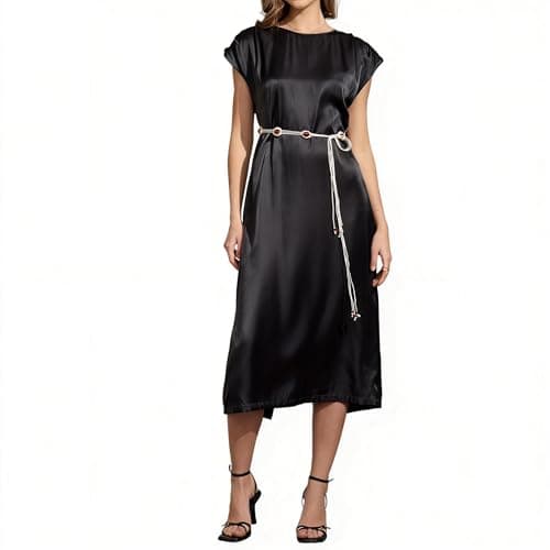 Women's Summer Black Casual Cap Sleeve Back Split Shift Elegant Office Rayon Pockets Dress with Decorative Waist Chain Ladies Straight Calf Length Work Business Vocation Holiday Dresses - Image 1