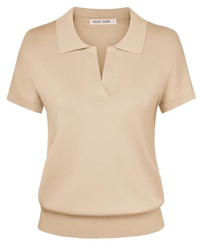 GRACE KARIN Women Short Sleeve Polo Sweater, Casual Work Tops, Lightweight Collared Shirt Beige XXL - Image 1