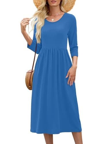 Heymoments Women Dress Royal Blue Medium Wedding Guest Crewneck 3/4 Sleeves A line Casual Flowy Swing Cocktail Slimming Birthday Party Spring Fall Winter Travel Long Midi Dresses with Pocket - Image 1