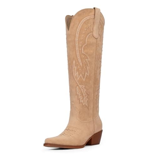 QIY Knee High Cowboy Boots Womens Cowgirl Boots Tan Suede Slip on Chunky Heel Pointed Toe Nashville Embroidered Western Rhinestone Cow Girl Boot Size 8.5 - Image 1