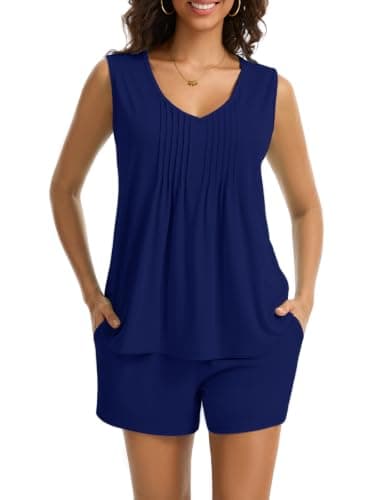 RAMOUG Women's 2 Piece Outfits Summer V Neck Tank Top Matching Lounge Shorts Set Casual Sports Short Sets with Pockets Navyblue XXL - Image 1