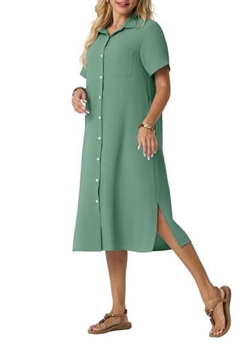 HiMONE Women’s Button Down Shirt Dress Casual Short Sleeve Collared Midi Dress Loose Fit Summer Dress with Pocket and Side Slits - Image 1