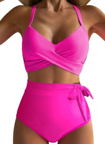 Dokotoo High Rise Bikini Sets for Women Bathing Suit Adjustable 2025 Straps Twist Front Two Piece Swimsuit Sexy Summer Beach Vacation Essentials Tie Up Tummy Control Swimwear,Rose Red X-Large - Image 1