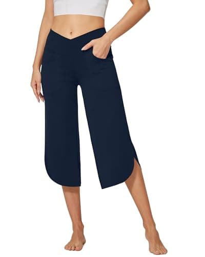 G4Free Women's Wide Leg Capri Pants High Waisted Casual Crossover Yoga Pants with Pockets for Summer(Dark Navy,XS,21") - Image 1