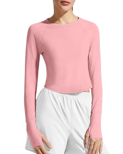 G4Free Long Sleeve Shirts for Women UV Protection Rash Guard Breathable Sun Shirt Running Workout Crop Tops Activewear(Pink,M) - Image 1