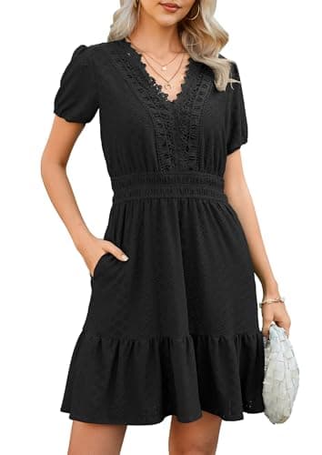 ECOWISH Summer Dresses for Women 2026 Lace Hollow Out V Neck Short Sleeve Ruffle Casual Beach Vacation A-Line Mini Dress Black Small - Image 1