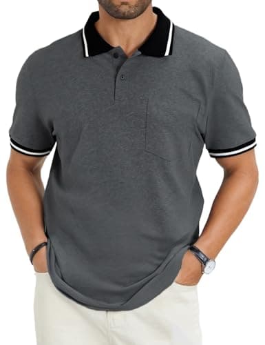 LuxMania Men's Casual Short Sleeve Polo Shirts Classic Button Summer Collared Cotton Golf Top with Pocket Dark Grey L - Image 1