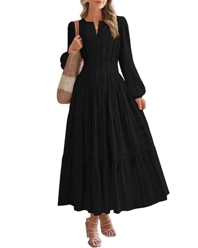 BTFBM Spring Dresses for Women 2026 Casual Long Sleeve V Neck Elastic Waist Lightweight Maxi Wedding Guest Dress Pockets(Black, Large) - Image 1