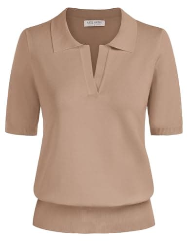 Kate Kasin Short Sleeve Sweaters for Women, V Neck Knit Tops, Business Casual Polo Shirts Dark Apricot L - Image 1
