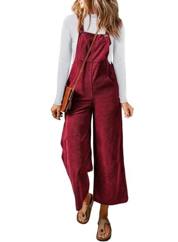 Happy Sailed Womens Overalls Casual Solid Color Sleeveless Wide Leg Long Pants Rompers Corduroy Fall Outfits with Pockets Fashion 2025 Red Large - Image 1