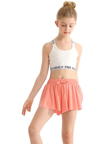 EQSJIU Girls Flowy Shorts Youth Toddler Butterfly Adorable Coral Orange Shorts with Spandex Liner 2-in-1 for Running, Sports, Athletic, Fitness, Tennis 12-13 Years - Image 1