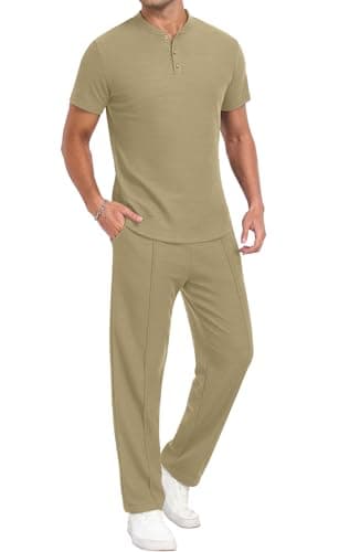 PrinStory Men's Short Sleeve Outfits Waffle Knit Henley Shirt and Pants Set Casual 2 Pieces Summer Tracksuits with Pockets Khaki-M - Image 1