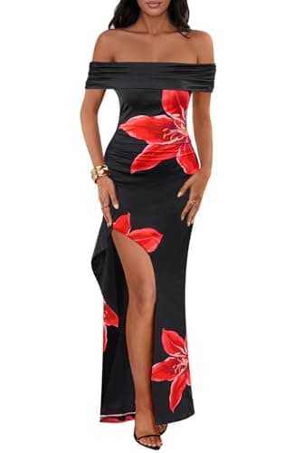 MEROKEETY Women's Floral Off Shoulder Maxi Dresses 2026 Summer High Split Cocktail Wedding Guest Dress, Black, X-Large - Image 1