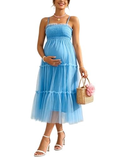 Yissang Maternity Tulle Dress Spaghetti Straps Smocked Tiered Flowy Maxi Dress for Baby Shower Wedding Guest Sky Blue - Image 1