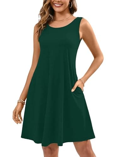 KORSIS Summer Dress for Women Casual T Shirt Tank Dresses Sleeveless Swing Flowy Ladies Formal Work Sundress with Pockets Dark Green M - Image 1