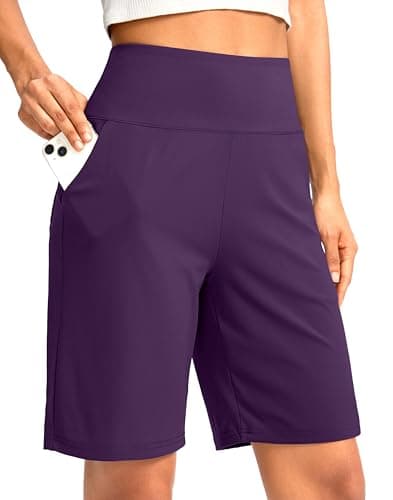 G Gradual Women's Bermuda Long Shorts with Pockets 9" High Waisted Knee Length Shorts for Women Walking Athletic Workout(Purple,XL) - Image 1