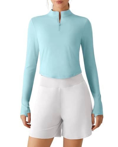 G4Free Quick Dry Workout Tops for Women UPF 50+ UV Shirts Mock Neck Quarter Zip Long Sleeve Slim Fit Soft(Light Blue,XXL) - Image 1