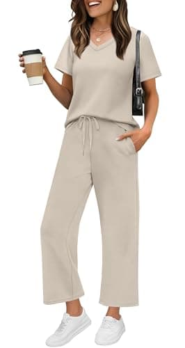 WIHOLL Lounge Sets For Women 2 Piece Summer Spring Cruise Vacation Business Casual Outfits 2025 Matching Athleisure Sets Wide Leg Pants Beige M - Image 1