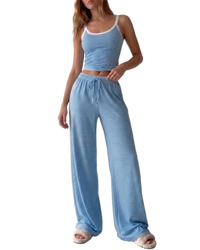 BTFBM Lounge Sets For Women 2026 Striped 2 Piece Pajama Sets Spaghetti Strap Tops Wide Leg Pants Beach Vacation Outfits(Striped Blue White, X-Large) - Image 1