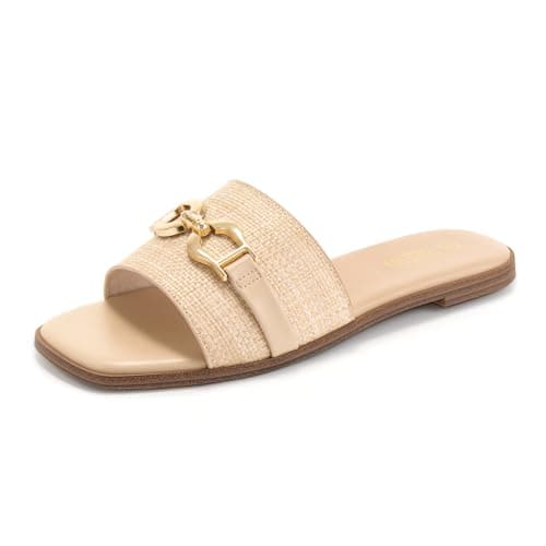 Rihero Women's Flat Sandals Comfortable Dressy Square Peep Toe Slides Slip On Beach Cute Ladies Raffia Sandals Size 8 - Image 1