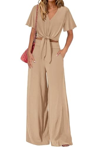PRETTYGARDEN Women 2 Piece Summer Outfits Short Sleeve Strappy Top Wide Leg Pants Tracksuit Lounge Sets Beach Clothes(Khaki,Medium) - Image 1