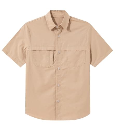 Funnycokid Boys Dress Shirts Button Down Short Sleeve Size 14 13 Teen Khaki Casual Cotton Woven with 3 Pockets - Image 1